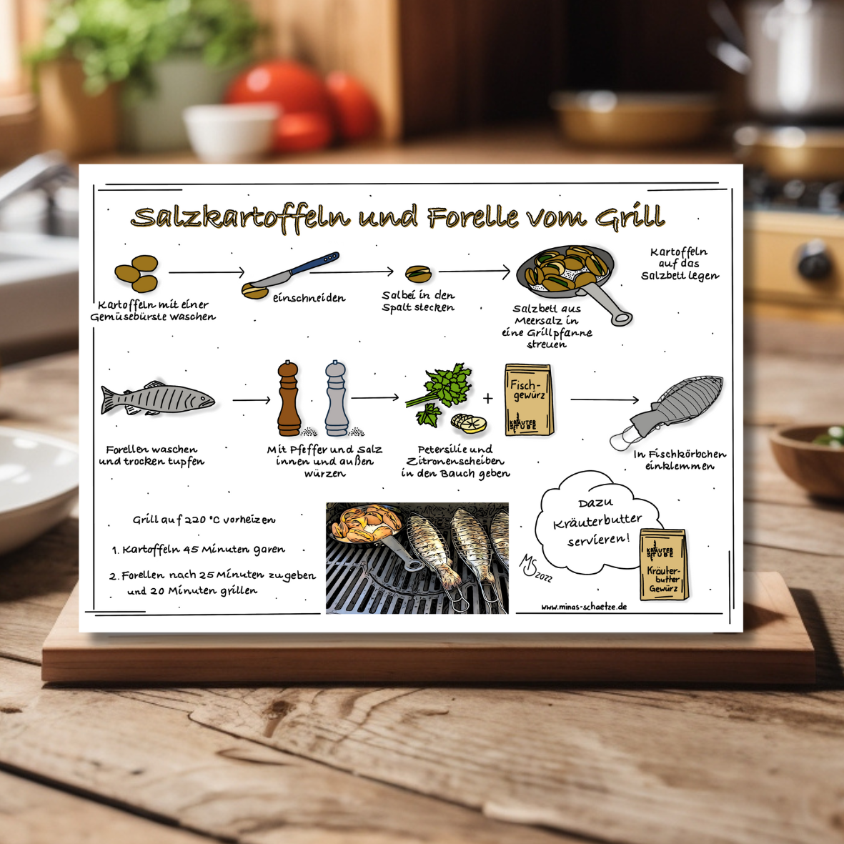 Postkarte Salzkartoffeln und Forelle vom Grill – Minas Schätze